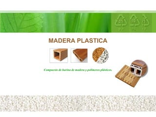 MADERA PLASTICA



Compuesto de harina de madera y polímeros plásticos.
 