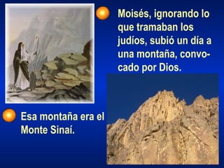 Moisés, ignorando lo
que tramaban los
judíos, subió un día a
una montaña, convo-
cado por Dios.
Esa montaña era el
Monte Sinaí.
 