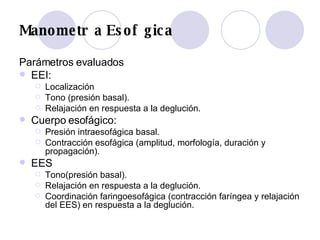 Manometr  a Esof  gica Parámetros evaluados EEI:  Localización  Tono (presión basal).  Relajación en respuesta a la deglución. Cuerpo esofágico:  Presión intraesofágica basal.  Contracción esofágica (amplitud, morfología, duración y propagación).  EES  Tono(presión basal).  Relajación en respuesta a la deglución.  Coordinación faringoesofágica (contracción faríngea y relajación del EES) en respuesta a la deglución.  