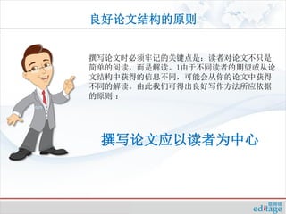 良好论文结构的原则


撰写论文时必须牢记的关键点是：读者对论文不只是
简单的阅读，而是解读。1由于不同读者的期望或从论
文结构中获得的信息不同，可能会从你的论文中获得
不同的解读。由此我们可得出良好写作方法所应依据
的原则1：




 撰写论文应以读者为中心
 