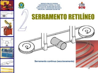  
       SERVIÇO PÚBLICO FEDERAL
    UNIVERSIDADE FEDERAL DO PARÁ
  INSTITUTO DE TECNOLOGIA DA UFPA
 FACULDADE DE ENGENHARIA MECÂNICA
   DISCIPLINA: USINAGEM DOS METAIS




SERRAMENTO RETILÍNEO




Serramento contínuo (seccionamento)


                                      10
 