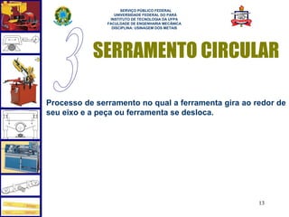  
                     SERVIÇO PÚBLICO FEDERAL
                  UNIVERSIDADE FEDERAL DO PARÁ
                INSTITUTO DE TECNOLOGIA DA UFPA
               FACULDADE DE ENGENHARIA MECÂNICA
                 DISCIPLINA: USINAGEM DOS METAIS




           SERRAMENTO CIRCULAR

Processo de serramento no qual a ferramenta gira ao redor de
seu eixo e a peça ou ferramenta se desloca.




                                                     13
 