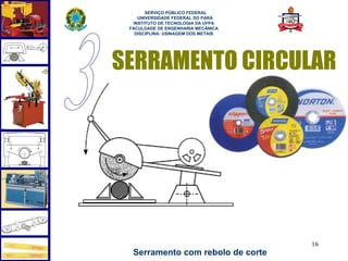 
       SERVIÇO PÚBLICO FEDERAL
    UNIVERSIDADE FEDERAL DO PARÁ
  INSTITUTO DE TECNOLOGIA DA UFPA
 FACULDADE DE ENGENHARIA MECÂNICA
   DISCIPLINA: USINAGEM DOS METAIS




SERRAMENTO CIRCULAR




                                     16
  Serramento com rebolo de corte
 