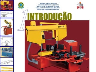  
       SERVIÇO PÚBLICO FEDERAL
    UNIVERSIDADE FEDERAL DO PARÁ
  INSTITUTO DE TECNOLOGIA DA UFPA
 FACULDADE DE ENGENHARIA MECÂNICA
   DISCIPLINA: USINAGEM DOS METAIS




INTRODUÇÃO




                                     6
 