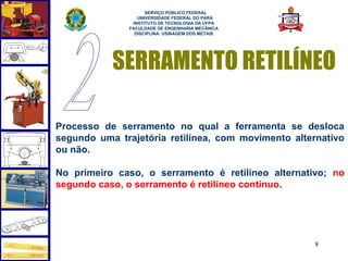  
                     SERVIÇO PÚBLICO FEDERAL
                  UNIVERSIDADE FEDERAL DO PARÁ
                INSTITUTO DE TECNOLOGIA DA UFPA
               FACULDADE DE ENGENHARIA MECÂNICA
                 DISCIPLINA: USINAGEM DOS METAIS




           SERRAMENTO RETILÍNEO

Processo de serramento no qual a ferramenta se desloca
segundo uma trajetória retilínea, com movimento alternativo
ou não.

No primeiro caso, o serramento é retilíneo alternativo; no
segundo caso, o serramento é retilíneo contínuo.




                                                     8
 