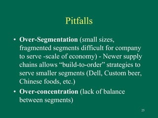 25 
Pitfalls 
• Over-Segmentation (small sizes, 
fragmented segments difficult for company 
to serve -scale of economy) - Newer supply 
chains allows “build-to-order” strategies to 
serve smaller segments (Dell, Custom beer, 
Chinese foods, etc.) 
• Over-concentration (lack of balance 
between segments) 
 