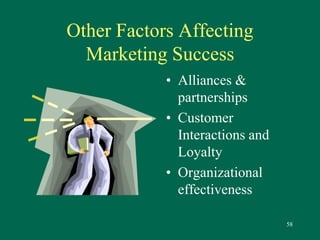 58 
Other Factors Affecting 
Marketing Success 
• Alliances & 
partnerships 
• Customer 
Interactions and 
Loyalty 
• Organizational 
effectiveness 
 