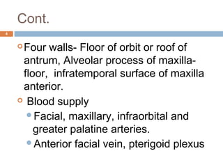 Cont.
4
Four walls- Floor of orbit or roof of
antrum, Alveolar process of maxilla-
floor, infratemporal surface of maxilla
anterior.
 Blood supply
Facial, maxillary, infraorbital and
greater palatine arteries.  
Anterior facial vein, pterigoid plexus
 