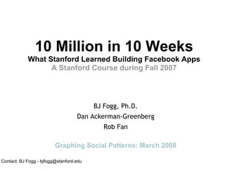 10 Million in 10 Weeks
            What Stanford Learned Building Facebook Apps
                  A Stanford Course during Fall 2007




                                         BJ Fogg, Ph.D.
                                   Dan Ackerman-Greenberg
                                            Rob Fan

                         Graphing Social Patterns: March 2008

Contact: BJ Fogg - bjfogg@stanford.edu