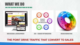 WHAT WE DO
ONE STOP SOLUTION FOR EVERYTHING ON THE WEB
SEO – SEARCH OPTIMIZATIONWEB DESIGN & DEVELOPMENT ONLINE MARKETING
THE POINT DRIVE TRAFFIC THAT CONVERT TO SALES
 
