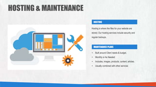 HOSTING & MAINTENANCE
HOSTING
MAINTENANCE PLANS
Hosting is where the files for your website are
stored. Our hosting services include security and
regular backups.
• Built around Client needs & budget.
• Monthly or As Needed
• Includes, images, products, content, articles.
• Usually combined with other services
 