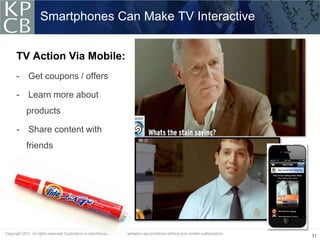 Smartphones Can Make TV Interactive


TV Action Via Mobile:
-   Get coupons / offers

-   Learn more about
    products

-   Share content with
    friends




                                             31
 