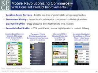 Mobile Revolutionizing Commerce –
                With Constant Product Improvements

   • Location-Based Services – Enable real-time physical retail / service opportunities

   • Transparent Pricing – Instant local + online price comparison could disrupt retailers

   • Discounted Offers – Deep discounts drive foot traffic to local retailers

   • Immediate Gratification – OTA (over-the-air) instant digital product + content delivery

      Location-Based Services                 Transparent Pricing      Discounted Offers   Immediate Gratification
       Shopkick iPhone App                  ShopSavvy Android App     Groupon iPhone App   iTunes Store on iPhone
       Finds deals and offers             Comparison shopping among      Local Services      Music / video / apps
            in your area                     online + local stores       Up to 90% Off       delivered wirelessly




Source: Company Reports, Morgan Stanley Research.

                                                                                                                     34
 