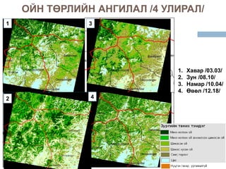 ОЙН ТӨРЛИЙН АНГИЛАЛ /4 УЛИРАЛ/
1              3




                             1.   Хавар /03.03/
                             2.   Зун /08.10/
                             3.   Намар /10.04/
                             4.   Өвөл /12.18/
2              4
 