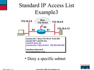 2 Copyright © 1998, Cisco Systems, Inc. ICRC_revision_11.3 Standard IP Access List Example3 <ul><li>Deny a specific subnet...