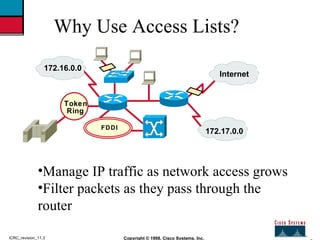 2 Copyright © 1998, Cisco Systems, Inc. ICRC_revision_11.3 Why Use Access Lists? <ul><li>Manage IP traffic as network acce...