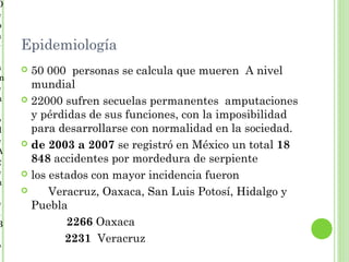 D
e
p
a
r   Epidemiología
a    50 000 personas se calcula que mueren A nivel
m
e     mundial
n    22000 sufren secuelas permanentes amputaciones

o     y pérdidas de sus funciones, con la imposibilidad
d     para desarrollarse con normalidad en la sociedad.
e    de 2003 a 2007 se registró en México un total 18
A
g     848 accidentes por mordedura de serpiente
e    los estados con mayor incidencia fueron
n
         Veracruz, Oaxaca, San Luis Potosí, Hidalgo y
e     Puebla
s
B            2266 Oaxaca
             2231 Veracruz
o
 