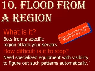10. Flood from a Region What is it? Bots from a specific  region attack your servers. How difficult is it to stop? Need specialized equipment with visibility to figure out such patterns automatically.` Ease of Attack Index: 8/10 Mitigation Index: 7/10 