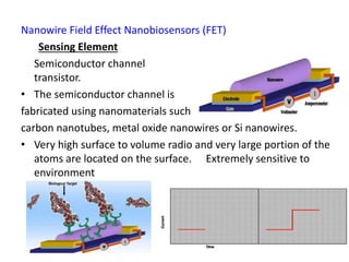 Nanowire Field Effect Nanobiosensors (FET) 
Sensing Element 
Semiconductor channel (nanowire) of the 
transistor. 
• The semiconductor channel is 
fabricated using nanomaterials such 
carbon nanotubes, metal oxide nanowires or Si nanowires. 
• Very high surface to volume radio and very large portion of the 
atoms are located on the surface. Extremely sensitive to 
environment 
 