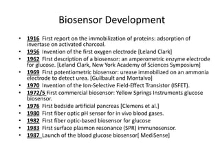 Biosensor Development 
• 1916 First report on the immobilization of proteins: adsorption of 
invertase on activated charcoal. 
• 1956 Invention of the first oxygen electrode [Leland Clark] 
• 1962 First description of a biosensor: an amperometric enzyme electrode 
for glucose. [Leland Clark, New York Academy of Sciences Symposium] 
• 1969 First potentiometric biosensor: urease immobilized on an ammonia 
electrode to detect urea. [Guilbault and Montalvo] 
• 1970 Invention of the Ion-Selective Field-Effect Transistor (ISFET). 
• 1972/5 First commercial biosensor: Yellow Springs Instruments glucose 
biosensor. 
• 1976 First bedside artificial pancreas [Clemens et al.] 
• 1980 First fiber optic pH sensor for in vivo blood gases. 
• 1982 First fiber optic-based biosensor for glucose 
• 1983 First surface plasmon resonance (SPR) immunosensor. 
• 1987 Launch of the blood glucose biosensor[ MediSense] 
 