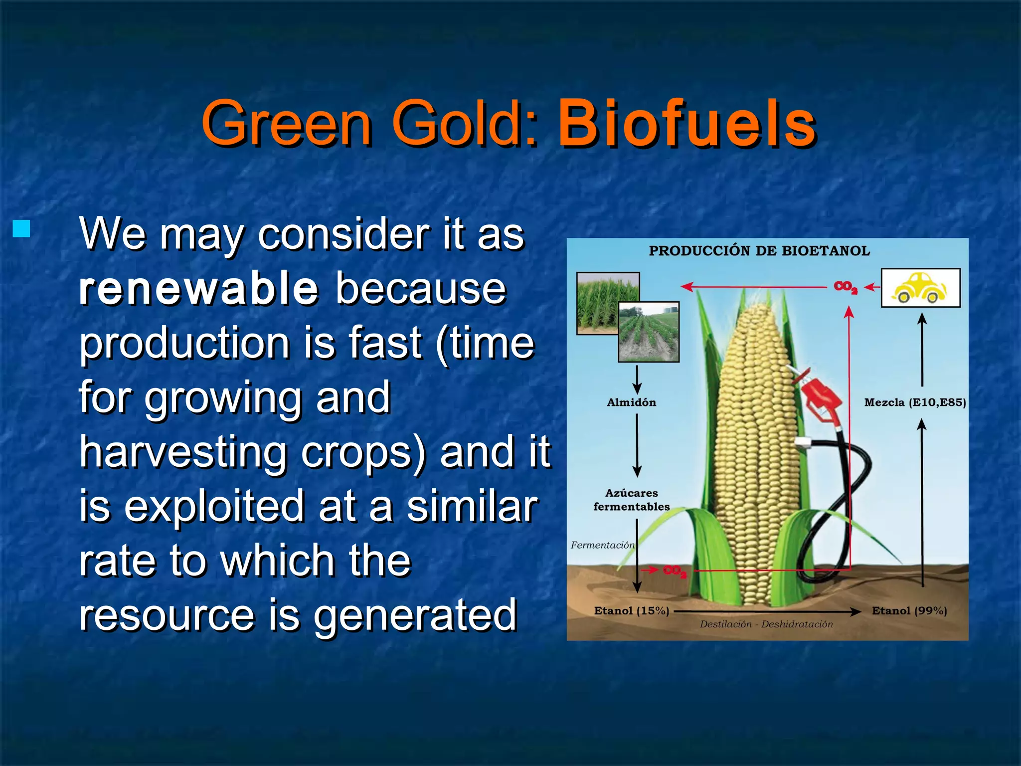 Green Gold: Biofuels


We may consider it as
renewable because
production is fast (time
for growing and
harvesting crops) and it
is exploited at a similar
rate to which the
resource is generated

 