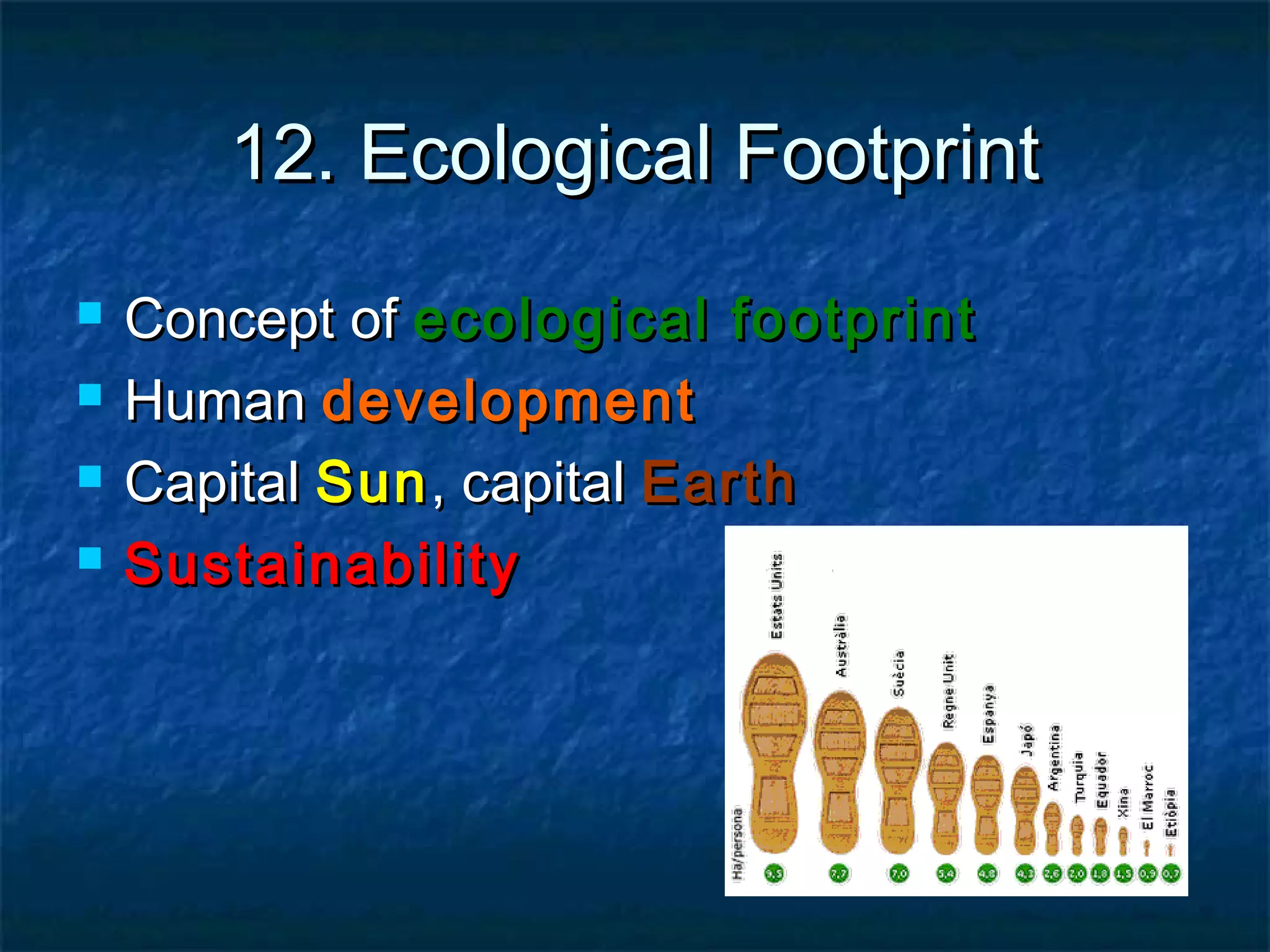 12. Ecological Footprint





Concept of ecological footprint
Human development
Capital Sun , capital Earth
Sustainability

 