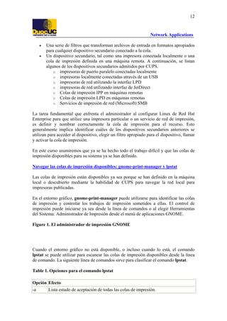 12

Network Applications
•
•

Una serie de filtros que transforman archivos de entrada en formatos apropiados
para cualquier dispositivo secundario conectado a la cola.
Un dispositivo secundario, tal como una impresora conectada localmente o una
cola de impresión definida en una máquina remota. A continuación, se listan
algunos de los dispositivos secundarios admitidos por CUPS.
o impresoras de puerto paralelo conectadas localmente
o impresoras localmente conectadas através de un USB
o impresoras de red utilizando la interfaz LPD
o impresoras de red utilizando interfaz de JetDirect
o Colas de impresión IPP en máquinas remotas
o Colas de impresión LPD en máquinas remotas
o Servicios de impresión de red (Microsoft) SMB

La tarea fundamental que enfrenta el administrador al configurar Linux de Red Hat
Enterprise para que utilice una impresora particular o un servicio de red de impresión,
es definir y nombrar correctamente la cola de impresión para el recurso. Esto
generalmente implica identificar cuáles de los dispositivos secundarios anteriores se
utilizan para acceder al dispositivo, elegir un filtro apropiado para el dispositivo, llamar
y activar la cola de impresión.
En este curso asumiremos que ya se ha hecho todo el trabajo difícil y que las colas de
impresión disponibles para su sistema ya se han definido.
Navegar las colas de impresión disponibles: gnome-print-manager y lpstat
Las colas de impresión están disponibles ya sea porque se han definido en la máquina
local o descubierto mediante la habilidad de CUPS para navegar la red local para
impresoras publicadas.
En el entorno gráfico, gnome-print-manager puede utilizarse para identificar las colas
de impresión y controlar los trabajos de impresión sometidos a ellas. El control de
impresión puede iniciarse ya sea desde la línea de comandos o al elegir Herramientas
del Sistema: Administrador de Impresión desde el menú de aplicaciones GNOME.
Figure 1. El administrador de impresión GNOME

Cuando el entorno gráfico no está disponible, o incluso cuando lo está, el comando
lpstat se puede utilizar para escanear las colas de impresión disponibles desde la línea
de comando. La siguiente línea de comandos sirve para clasificar el comando lpstat.
Table 1. Opciones para el comando lpstat
Opción Efecto
-a

Lista estado de aceptación de todas las colas de impresión.

 