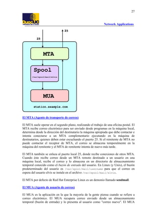 27

Network Applications

El MTA (Agente de transporte de correo)
El MTA suele operar en el segundo plano, realizando el trabajo de una oficina postal. El
MTA recibe correo electrónico para ser envíado desde programas en la máquina local,
determina desde la dirección del destinatario la máquina apropiada que debe contactar e
intenta conectarse a un MTA complementario ejecutando en la máquina de
destinatarios, quienes deben estar escuchando el puerto 25. Si el remitente de MTA no
puede contactar el receptor de MTA, el correo se almacena temporalmente en la
máquina del remitente y el MTA de remitente intenta de nuevo más tarde.
El MTA también se enlaza al puerto local 25, donde recibe conexiones de otros MTA.
Cuando éste recibe correo desde un MTA remoto destinado a un usuario en una
máquina local, recibe el correo y lo almacena en un directorio de almacenamiento
temporal conocido como el buzón de entrada del usuario. En Linux (y Unix), el buzón
predeterminado del usuario es /var/spool/mail/username para que el correo en
espera del usuario elvis se instale en el archivo /var/spool/mail/elvis.
El MTA por defecto de Red Hat Enterprise Linux es un demonio llamado sendmail.
El MUA (Agente de usuario de correo)
El MUA es la aplicación en la que la mayoría de la gente piensa cuando se refiere a
correo electrónico. El MUA recupera correo enviado desde un almacenamiento
temporal (buzón de entrada) y lo presenta al usuario como "correo nuevo". El MUA

 