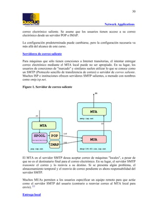 30

Network Applications
correo electrónico saliente. Se asume que los usuarios tienen acceso a su correo
electrónico desde un servidor POP o IMAP.
La configuración predeterminada puede cambiarse, pero la configuración necesaria va
más allá del alcance de este curso.
Servidores de correo saliente
Para máquinas que sólo tienen conexiones a Internet transitorias, el intentar entregar
correo electrónico mediante el MTA local puede no ser apropiado. En su lugar, los
usuarios de conexiones de "marcado" y similares suelen utilizar lo que se conoce como
un SMTP (Protocolo sencillo de transferencia de correo) o servidor de correo saliente.
Muchos ISP e instituciones ofrecen servidores SMTP salientes, a menudo con nombres
como smtp.isp.net.
Figure 1. Servidor de correo saliente

El MTA en el servidor SMTP desea aceptar correo de máquinas "locales", a pesar de
que no es el destinatario final para el correo electrónico. En su lugar, el servidor SMTP
transmite el correo y lo reenvía a su destino. Si se presenta algún problema, el
almacenamiento temporal y el reenvío de correo pendiente es ahora responsabilidad del
servidor SMTP.
Muchos MUAs permiten a los usuarios especificar un equipo remoto para que actúe
como el servidor SMTP del usuario (contrario a reenviar correo al MTA local para
envío). [1]
Entrega local

 