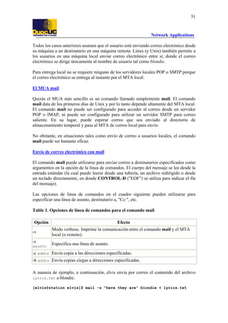 31

Network Applications
Todos los casos anteriores asumen que el usuario está enviando correo electrónico desde
su máquina a un destinatario en una máquina remota. Linux (y Unix) también permite a
los usuarios en una máquina local enviar correo electrónico entre sí, donde el correo
electrónico se dirige únicamente al nombre de usuario tal como blondie.
Para entrega local no se requiere ninguno de los servidores locales POP o SMTP porque
el correo electrónico se entrega al instante por el MTA local.
El MUA mail
Quizás el MUA más sencillo es un comando llamado simplemente mail. El comando
mail data de los primeros días de Unix y por lo tanto depende altamente del MTA local.
El comando mail no puede ser configurado para acceder al correo desde un servidor
POP o IMAP, ni puede ser configurado para utilizar un servidor SMTP para correo
saliente. En su lugar, puede esperar correo que sea enviado al directorio de
almacenamiento temporal y pasa al MTA de correo local para envío.
No obstante, en situaciones tales como envío de correo a usuarios locales, el comando
mail puede ser bastante eficaz.
Envío de correo electrónico con mail
El comando mail puede utilizarse para enviar correo a destinatarios especificados como
argumentos en la opción de la línea de comandos. El cuerpo del mensaje se lee desde la
entrada estándar (la cual puede leerse desde una tubería, un archivo redirigido o desde
un teclado directamente, en donde CONTROL-D ("EOF") se utiliza para indicar el fin
del mensaje).
Las opciones de línea de comandos en el cuadro siguiente pueden utilizarse para
especificar una línea de asunto, destinatario a, "Cc:", etc.
Table 1. Opciones de línea de comandos para el comando mail
Opción

Efecto

-v

Modo verboso. Imprime la comunicación entre el comando mail y el MTA
local (o remoto).

-s

Especifica una línea de asunto.

asunto

-c addrs Envía copia a las direcciones especificadas.
-b addrs Envía copias ciegas a direcciones especificadas.
A manera de ejemplo, a continuación, elvis envía por correo el contenido del archivo
lyrics.txt a blondie.
[elvis@station elvis]$ mail -s "here they are" blondie < lyrics.txt

 