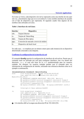 39

Network Applications
En Linux (y Unix), cada dispositivo de red se representa como una interfaz de red, (por
una vez, ¡encontramos algo que no es un archivo!). Linux nombra interfaces de acuerdo
con el tipo de dispositivo que representa. El siguiente cuadro lista algunos de los
nombres más utilizados en Linux.
Table 1. Interfaces de red Linux
Interfaz

Dispositivo

ethn

Tarjeta Ethernet

trn

Tarjeta de Token-Ring

fddin

Tarjeta de fibra óptica

pppn

Conexión de marcado a través de módem

lo

Dispositivo de bucle local

En cada caso, n se remplaza por un número entero para cada instancia de un dispositivo
determinado conectado a una máquina.
Confirmar la configuración de la interfaz de red
El comando ifconfig muestra la configuración de interfaces de red activas. Puesto que el
comando suele ser utilizado por root para configurar interfaces, éste vive dentro del
directorio /sbin, el cual está fuera de la RUTA predeterminada para los usuarios
estándar. No obstante, los usuarios estándar pueden usar el comando para ver
información de configuración de interfaz, utilizando una referencia absoluta como en el
ejemplo a continuación.
[blondie@station blondie]$ /sbin/ifconfig
eth0
Link encap:Ethernet HWaddr 00:00:86:4D:F0:0C
inet addr:192.168.0.51 Bcast:192.168.0.255
Mask:255.255.255.0
UP BROADCAST RUNNING MULTICAST MTU:1500 Metric:1
RX packets:1716503 errors:0 dropped:0 overruns:2 frame:0
TX packets:2146415 errors:0 dropped:0 overruns:0 carrier:0
collisions:0 txqueuelen:100
RX bytes:193489123 (184.5 Mb) TX bytes:1299754457 (1239.5
Mb)
Interrupt:11 Base address:0xd400
lo

Link encap:Local Loopback
inet addr:127.0.0.1 Mask:255.0.0.0
UP LOOPBACK RUNNING MTU:16436 Metric:1
RX packets:206054 errors:0 dropped:0 overruns:0 frame:0
TX packets:206054 errors:0 dropped:0 overruns:0 carrier:0
collisions:0 txqueuelen:0
RX bytes:22911068 (21.8 Mb) TX bytes:22911068 (21.8 Mb)

A la interfaz eth0 se le asigna una dirección IP de 192.168.0.254.

 