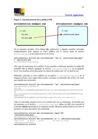 61

Network Applications
Figure 1. Autenticación de clave pública SSH

En el siguiente ejemplo, elvis utiliza ssh, redirección y algunas comillas colocadas
cuidadosamente para agregar su clave pública (en la station host) al archivo
authorized_keys en su cuenta en el server1 host.
[elvis@station elvis]$ ssh elvis@server1 "cat >> .ssh/authorized_keys"
< .ssh/id_rsa.pub
elvis@server1's password:

¿Por qué son necesarias las comillas? Si las comillas se hubieran incluido, la salida del
comando cat se hubiera agregado al archivo .ssh/authorized_keys en la máquina
local. Las comillas sirven para pasar la sintaxis de redirección "en" la shell de red.
Habiendo colocado su clave pública en el archivo ~/.ssh/authorized_keys en la
máquina remota, elvis espera ahora poder examinar el contenido del archivo sin tener
que expedir una contraseña.
[elvis@station elvis]$ ssh elvis@server1 "cat .ssh/authorized_keys"
elvis@server1's password:
ssh-rsa
AAAAB3NzaC1yc2EAAAABIwAAAIEApSZ8poHStJsj+Nfw3CMkfWmptA2UCVE9tES36kG/Kb
ZP
dI10ixa3CEdiGufVv5CVS6OKasCQ7BCXrVnYWIilFSUwDcW1dj79tTgAjJWHDN9emC0zpi
HqBGY9dvMo
2XHobNmgQYTRFVv2NBNTA5/Zpt+Ml0+M9+uzlpxl03PcjFk= elvis@station

Algo no concuerda, porque a elvis se le solicitó otra vez su contraseña. Al recordar que
los permisos en el archivo ~/.ssh/authorized_keys deben ser 600, elvis ejecuta el
comando chmod apropiado en la máquina remota. Después, puede observar los nuevos
permisos sin tener que emitir una contraseña.
[elvis@station elvis]$ ssh elvis@server1 chmod 600
.ssh/authorized_keys
elvis@server1's password:
[elvis@station elvis]$ ssh elvis@server1 ls -l .ssh/authorized_keys
-rw------1 elvis
elvis
225 Nov 22 22:29
.ssh/authorized_keys
[elvis@station elvis]$

 