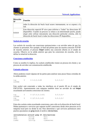 8

Network Applications
Dirección
IP

Función
sobre la dirección de bucle local ocurre internamente, no se expone a la
red.

0.0.0.0

Esta dirección especial IP sirve para referirse a "todas" las direcciones IP
disponibles. Cuando un proceso se enlaza a un determinado puerto, puede
elegir entre utilizar únicamente una dirección particular externa, sólo la
dirección de bucle local o todas las direcciones IP disponibles.

Sockets de escucha
Los sockets de escucha son conexiones pertenecientes a un servidor antes de que los
clientes se presenten. Por ejemplo, al final del primer paso de nuestra conexión TCP/IP
de muestra anterior, el proceso httpd tendría una conexión abierta en el estado de
escucha. Observe en la salida anterior que para las conexiones de escucha, sólo se
define la mitad de la dirección.
Conexiones establecidas
Como su nombre lo implica, los sockets establecidos tienen un proceso de cliente y un
proceso de servidor con comunicación establecida.
Uniendo esfuerzos
Ahora podemos reunir algunas de las partes para analizar unas pocas líneas extraídas de
la salida anterior.
tcp
LISTEN

0

0 0.0.0.0:80

0.0.0.0:*

Este socket está conectado a todas las interfaces en el puerto 80 en el estado de
ESCUCHA. Aparentemente esta máquina también tiene un servidor de red httpd
escuchando activamente conexiones de clientes.
tcp
LISTEN
tcp
LISTEN

0

0 127.0.0.1:631

0.0.0.0:*

0

0 127.0.0.1:25

0.0.0.0:*

Estos dos sockets están escuchando conexiones, pero sólo en la dirección de bucle local.
Deben pertenecer a servicios que esperan recibir conexiones desde otros procesos en la
máquina local pero no desde la red. Para determinar a qué servicios pertenecen estos
puertos ejecutamos un grep desde el archivo /etc/services.
[elvis@station elvis]$ grep 25 /etc/services
smtp
25/tcp
mail
smtp
25/udp
mail
timed
525/tcp
timeserver

 