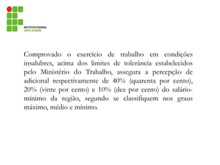 Comprovado o exercício de trabalho em condições
insalubres, acima dos limites de tolerância estabelecidos
pelo Ministério do Trabalho, assegura a percepção de
adicional respectivamente de 40% (quarenta por cento),
20% (vinte por cento) e 10% (dez por cento) do salário-
mínimo da região, segundo se classifiquem nos graus
máximo, médio e mínimo.
 