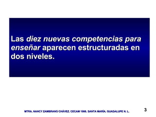 Las  diez nuevas competencias para enseñar  aparecen estructuradas en dos niveles.  