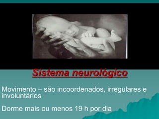 Sistema neurológico
Movimento – são incoordenados, irregulares e
involuntários
Dorme mais ou menos 19 h por dia
 