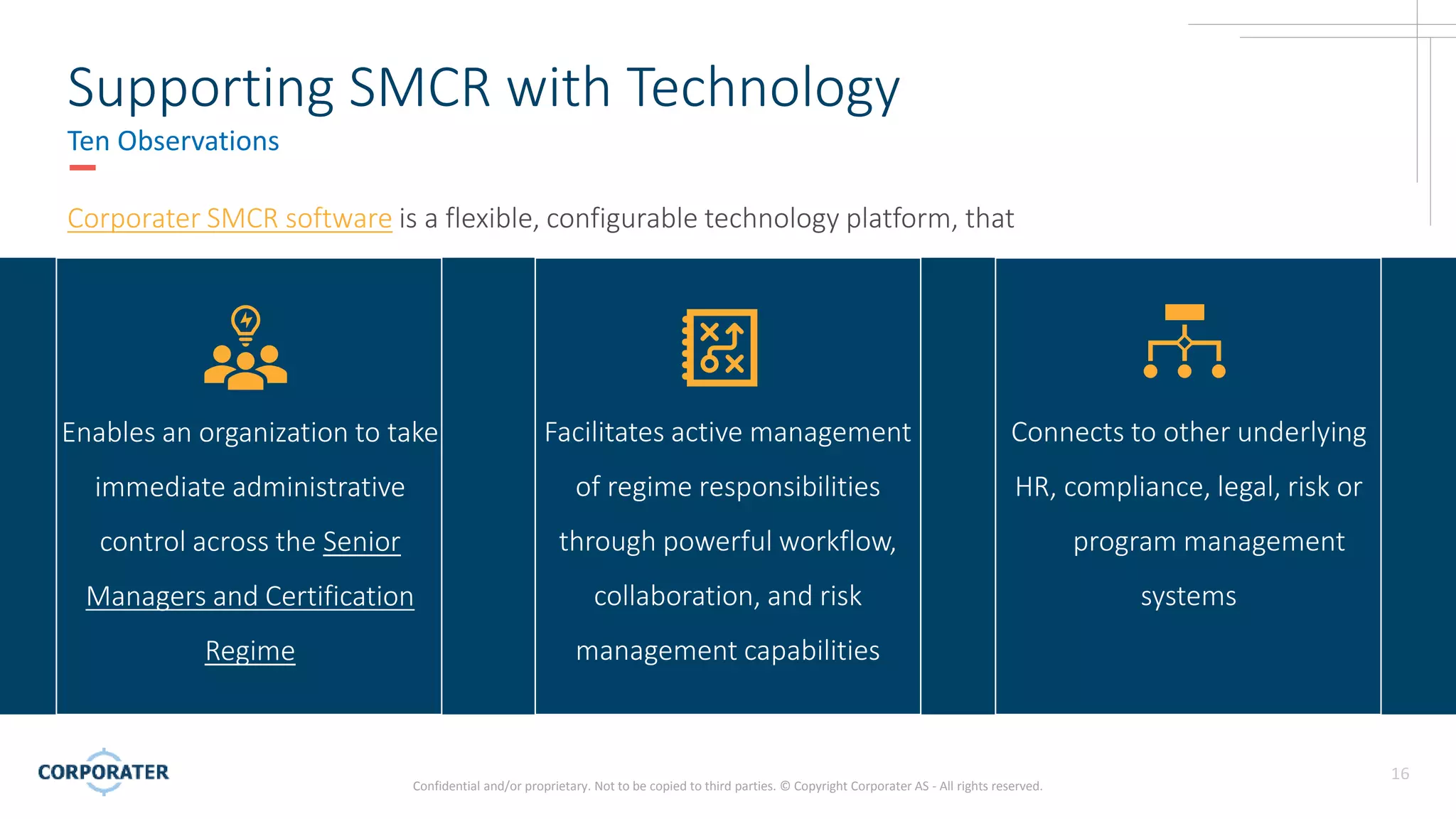 Confidential and/or proprietary. Not to be copied to third parties. © Copyright Corporater AS - All rights reserved.
16
Corporater SMCR software is a flexible, configurable technology platform, that
Supporting SMCR with Technology
Ten Observations
Connects to other underlying
HR, compliance, legal, risk or
program management
systems
Facilitates active management
of regime responsibilities
through powerful workflow,
collaboration, and risk
management capabilities
Enables an organization to take
immediate administrative
control across the Senior
Managers and Certification
Regime
 