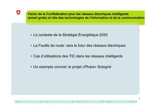 2
Vision de la Confédération pour les réseaux électriques intelligents
(smart grids) et rôle des technologies de l’information et de la communication
• Le contexte de la Stratégie Énergétique 2050
• La Feuille de route: vers le futur des réseaux électriques
• Cas d’utilisations des TIC dans les réseaux intelligents
• Un exemple concret: le projet «Phare» Sologrid
Contexte: SE2050 La Feuille de route REI TIC dans les REI Projet Sologrid
 