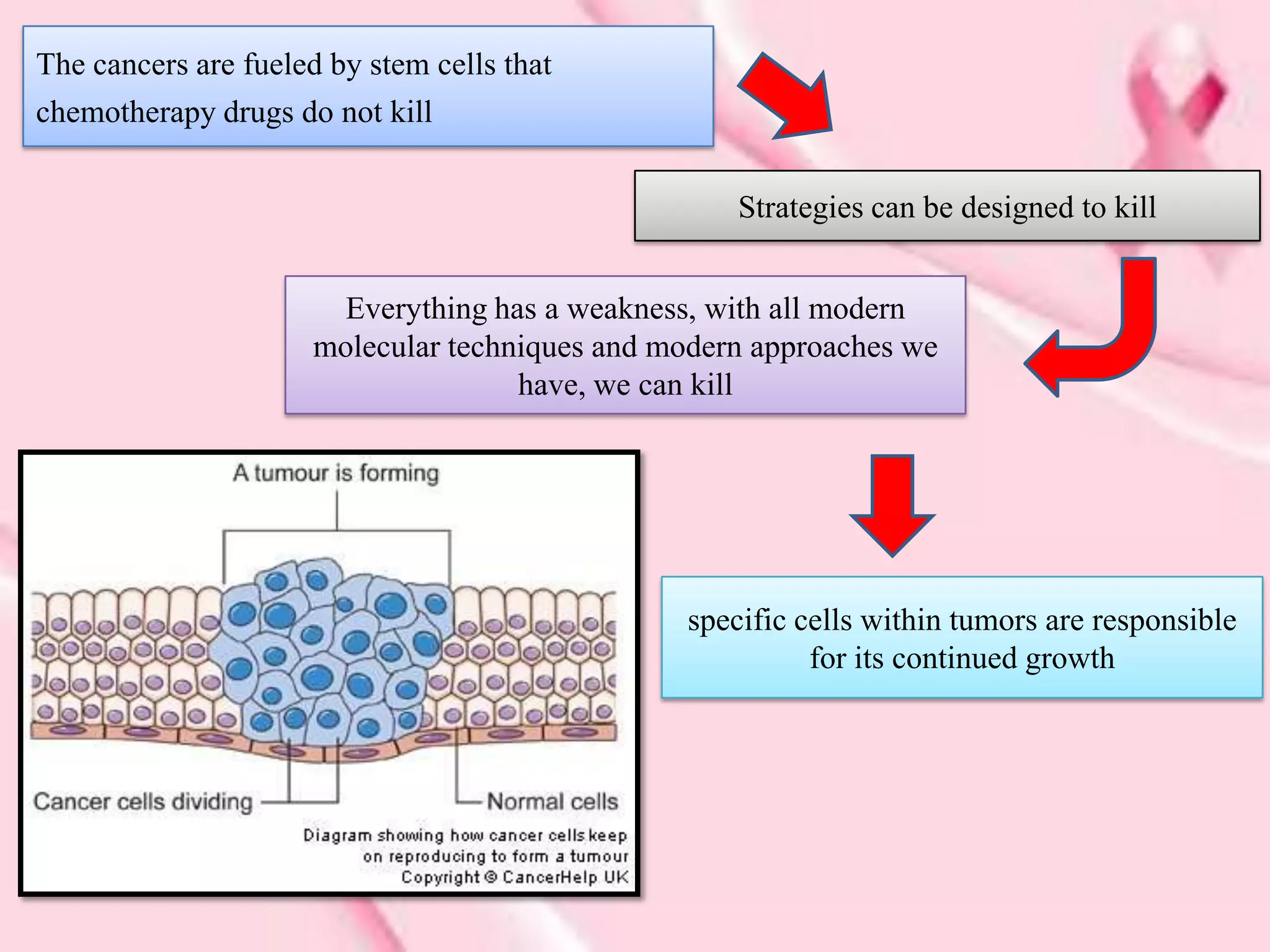 The cancers are fueled by stem cells that
chemotherapy drugs do not kill


                                                    Strategies can be designed to kill


                        Everything has a weakness, with all modern
                      molecular techniques and modern approaches we
                                     have, we can kill




                                                specific cells within tumors are responsible
                                                          for its continued growth
 