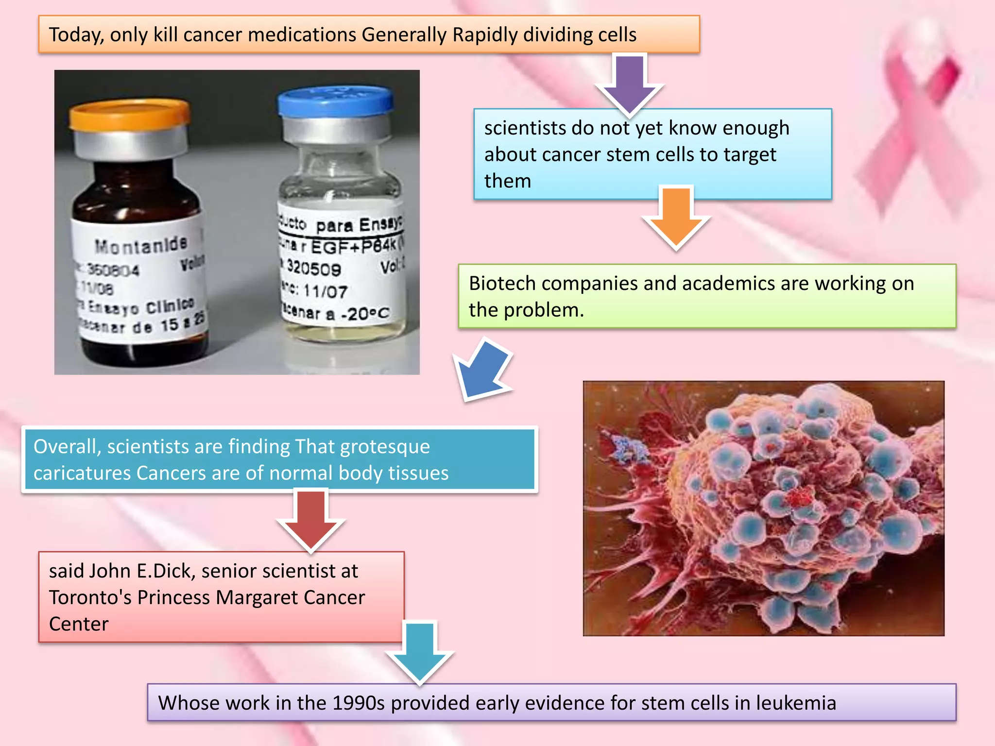 Today, only kill cancer medications Generally Rapidly dividing cells



                                                   scientists do not yet know enough
                                                   about cancer stem cells to target
                                                   them



                                                 Biotech companies and academics are working on
                                                 the problem.




Overall, scientists are finding That grotesque
caricatures Cancers are of normal body tissues



 said John E.Dick, senior scientist at
 Toronto's Princess Margaret Cancer
 Center


             Whose work in the 1990s provided early evidence for stem cells in leukemia
 