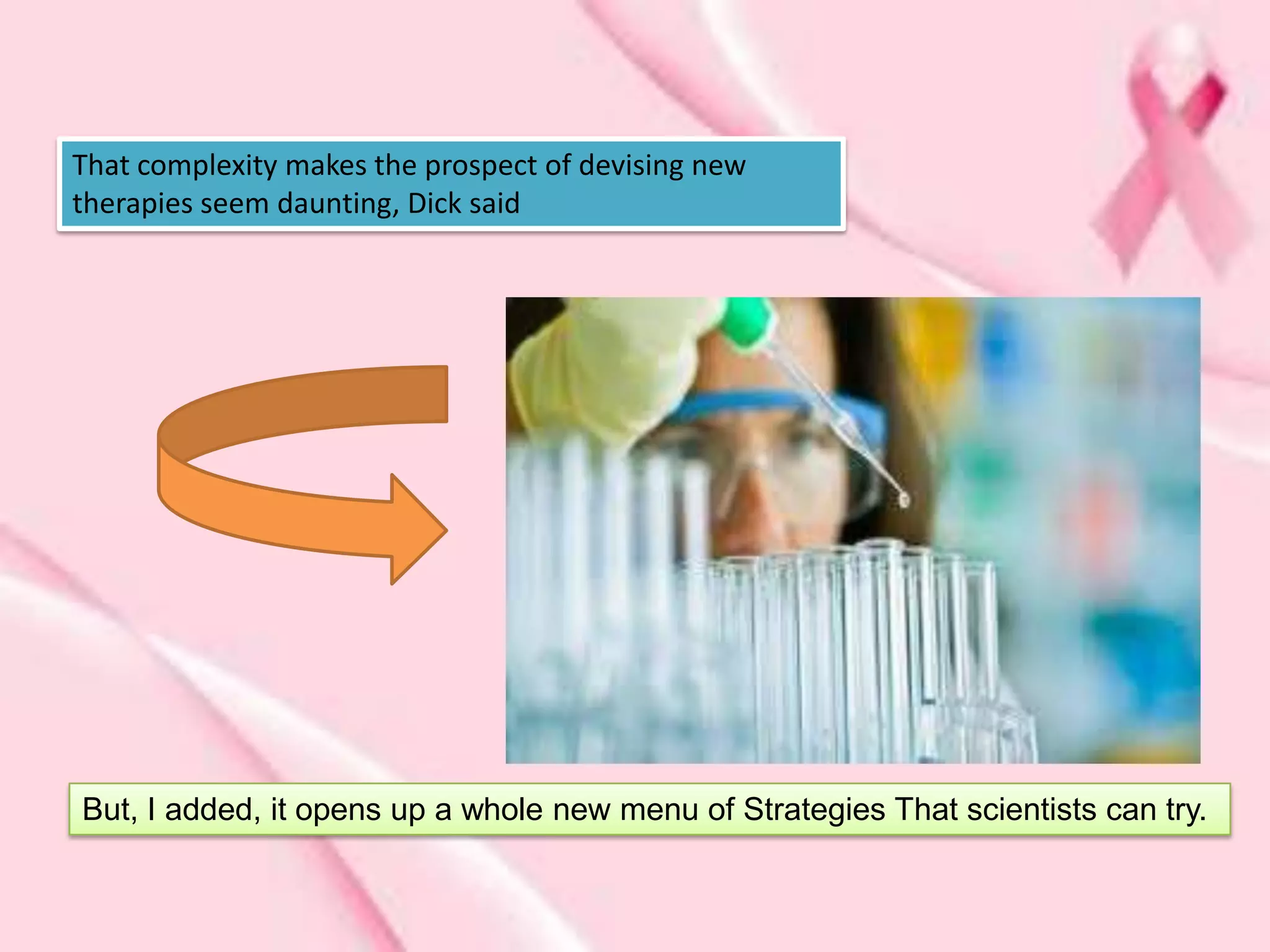 That complexity makes the prospect of devising new
therapies seem daunting, Dick said




But, I added, it opens up a whole new menu of Strategies That scientists can try.
 