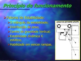 Edson Donizetti da Silva - TST - São Carlos -
Princípio de funcionamento
Fatores de Estabilidade:
O triângulo da estabilidade;
Distribuição de peso;
Centro de gravidade Vertical;
Estabilidade dinâmica X
estática;
Habilidade em vencer rampas.
 