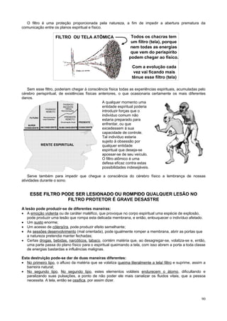 O filtro é uma proteção proporcionada pela natureza, a fim de impedir a abertura prematura da
comunicação entre os planos espiritual e físico.

                    FILTRO OU TELA ATÔMICA                      Todos os chacras tem
                                                                um filtro (tela), porque
                                                                nem todas as energias
                                                                que vem do perispírito
                                                               podem chegar ao físico.

                                                                 Com a evolução cada
                                                                  vez vai ficando mais
                                                                 tênue esse filtro (tela)

   Sem esse filtro, poderiam chegar à consciência física todas as experiências espirituais, acumuladas pelo
cérebro perispiritual, de existências físicas anteriores, o que ocasionaria certamente os mais diferentes
danos.
                                                A qualquer momento uma
                                                entidade espiritual poderia
                                                introduzir forças que o
                                                indivíduo comum não
                                                estaria preparado para
                                                enfrentar, ou que
                                                excedessem à sua
                                                capacidade de controle.
                                                Tal indivíduo estaria
                                                sujeito à obsessão por
                                                qualquer entidade
                                                espiritual que deseja-se
                                                apossar-se de seu veículo.
                                                O filtro atômico é uma
                                                defesa eficaz contra estas
                                                possibilidades indesejáveis.

    Serve também para impedir que chegue a consciência do cérebro físico a lembrança de nossas
atividades durante o sono.


    ESSE FILTRO PODE SER LESIONADO OU ROMPIDO QUALQUER LESÃO NO
                  FILTRO PROTETOR É GRAVE DESASTRE
A lesão pode produzir-se de diferentes maneiras:
• A emoção violenta ou de caráter maléfico, que provoque no corpo espiritual uma espécie de explosão,
   pode produzir uma lesão que rompa esta delicada membrana, e então, enlouquecer o indivíduo afetado.
• Um susto enorme;
• Um acesso de cólera/ira, pode produzir efeito semelhante;
• As sessões desenvolvimento (mal orientada), pode igualmente romper a membrana, abrir as portas que
   a natureza pretendia manter fechadas;
• Certas drogas, bebidas, narcóticos, tabaco, contém matéria que, ao desagregar-se, volatiza-se e, então,
   uma parte passa do plano físico para o espiritual queimando a tela, com isso abrem a porta a toda classe
   de energias bastardas e influências malignas.

Esta destruição pode-se dar de duas maneiras diferentes:
• No primeiro tipo, o afluxo da matéria que se volatiza queima literalmente a tela/ filtro e suprime, assim a
   barreira natural;
• No segundo tipo, No segundo tipo, estes elementos voláteis endurecem o átomo, dificultando e
   paralizando suas pulsações, a ponto de não poder ele mais canalizar os fluidos vitais, que a pessoa
   necessita. A tela, então se ossifica, por assim dizer.



                                                                                                          90
 