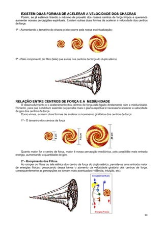 EXISTEM DUAS FORMAS DE ACELERAR A VELOCIDADE DOS CHACRAS
                                                  OS
     Porém, se já estamos tirando o máximo de proveito dos nossos centros de força limpos e queremos
aumentar nossas percepções espirituais. Existem outras duas formas de acelerar a velocidade dos centros
                                                                                             os
de força:

1ª - Aumentando o tamanho do chacra e isto ocorre pela nossa espiritualização;




2ª - Pelo rompimento do filtro (tela) que existe nos centros de força do duplo etérico




RELAÇÃO ENTRE CENTROS DE FORÇA E A MEDIUNIDADE
    O desenvolvimento e o aceleramento dos centros de força está ligado diretamente com a mediunidade.
Portanto, para que o médium assimile ou perceba mais o plano espiritual é necessário acelerar a velocidade
de giro dos centros de força.
    Como vimos, existem duas formas de acelerar o movimento giratórios dos centros de força:

    1ª - O tamanho dos centros de força




    Quanto maior for o centro de força, maior é nossa percepção mediúnica, pois possibilita mais entrada
energia, aumentando a quantidade de giro.

    2ª - Rompimento dos Filtros
    Ao romper os filtros ou tela etérica dos centro de força do duplo etérico, permite-se uma entrada maior
de energias físicas, provocando dessa forma o aumento da velocidade giratória dos centros de força,
consequentemente as percepções se tornam mais acentuadas (vidência, intuição, etc).




                                                                                                        88
 