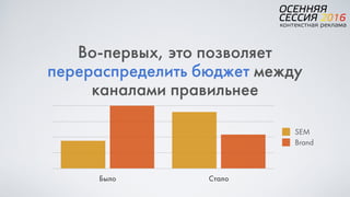 Во-первых, это позволяет
перераспределить бюджет между
каналами правильнее
Было Стало
SEM
Brand
 