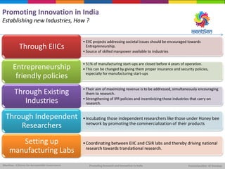 Promoting Innovation in India
Establishing new Industries, How ?
• EIIC projects addressing societal issues should be encouraged towards
Entrepreneurship.
• Source of skilled manpower available to industries
Through EIICs
• 51% of manufacturing start-ups are closed before 4 years of operation.
• This can be changed by giving them proper insurance and security policies,
especially for manufacturing start-ups
Entrepreneurship
friendly policies
• Their aim of maximizing revenue is to be addressed, simultaneously encouraging
them to research.
• Strengthening of IPR policies and incentivizing those industries that carry on
research.
Through Existing
Industries
•Incubating those independent researchers like those under Honey bee
network by promoting the commercialization of their products
Through Independent
Researchers
•Coordinating between EIIC and CSIR labs and thereby driving national
research towards translational research.
Setting up
manufacturing Labs
 