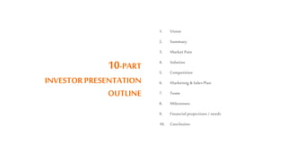 10-PART
INVESTORPRESENTATION
OUTLINE
1. Vision
2. Summary
3. Market Pain
4. Solution
5. Competition
6. Marketing &Sales Plan
7. Team
8. Milestones
9. Financial projections / needs
10. Conclusion
 