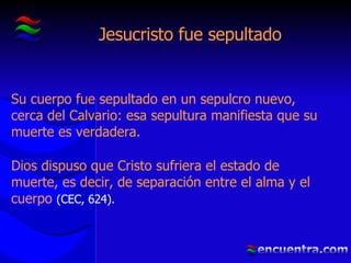 Jesucristo fue sepultado Su cuerpo fue sepultado en un sepulcro nuevo, cerca del Calvario: esa sepultura manifiesta que su muerte es verdadera. Dios dispuso que Cristo sufriera el estado de muerte, es decir, de separación entre el alma y el cuerpo  (CEC, 624). 