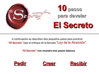 10   pasos para develar El Secreto “ El Secreto”  nos muestra tres pasos básicos Pedir Creer Recibir A continuación se describen diez pequeños pasos para practicar  “ El Secreto”  bajo el enfoque de la llamada  “Ley de la Atracción”. 
