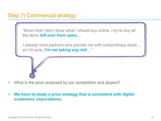 > What is the price proposed by our competitors and players?
> We have to study a price strategy that is consistent with digital
customers’ expectations.
Step 7) Commercial strategy
29Copyright © 2012 Accenture. All rights reserved.
“Given that I don’t know what I should buy online, I try to buy all
the items left over from sales…
I already have partners who provide me with extraordinary deals…
so I’m sure, I’m not taking any risk…”
 